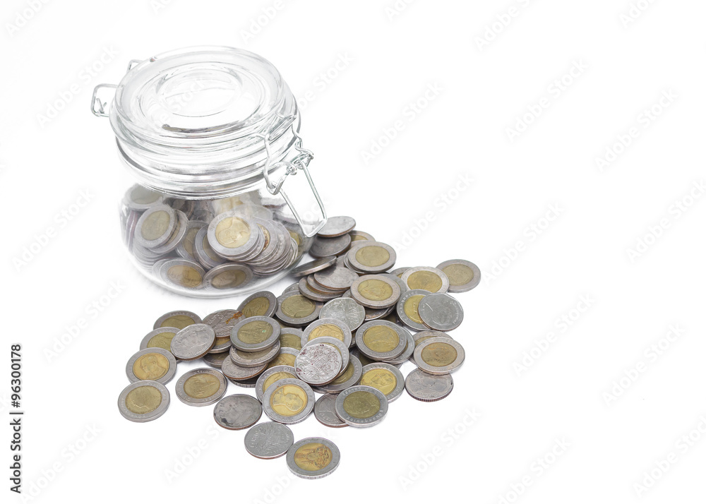 Glass jars with coins money on white background Glass jars with coins money on white background