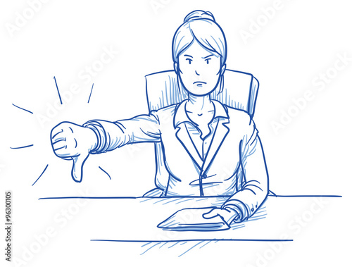 Business woman, angry boss or customer, sitting at her desk showing dislike, thumb down, hand drawn doodle vector illustration