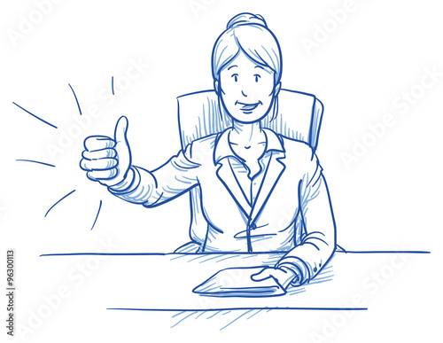 Business woman, happy smiling boss or customer, sitting at her desk showing like, thumbs up, hand drawn doodle vector illustration