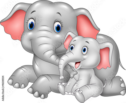 Cartoon funny Mother and baby elephant isolated on white background