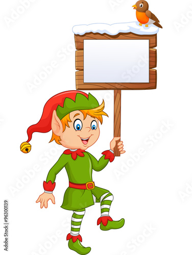 Cartoon funny elf boy holding blank sign with robin bird