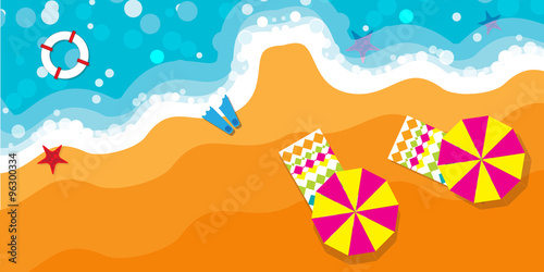 Summer vacation, time to travel, beach rest: sun, sea, waves, sand, umbrella, towel, starfish, lifebuoy. Vector background and objects illustrations.