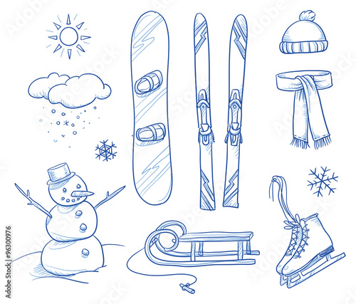 Icon set of ski & winter fun objects: snowman, snowboard, ski, slide, ice skates, hat, scarf. Hand drawn vector illustrationDruck