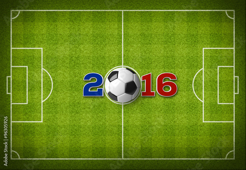 Quadro em tela A soccer ball with 2016 text with a France flag colors on a top view of green stripped soccer filed with white lines