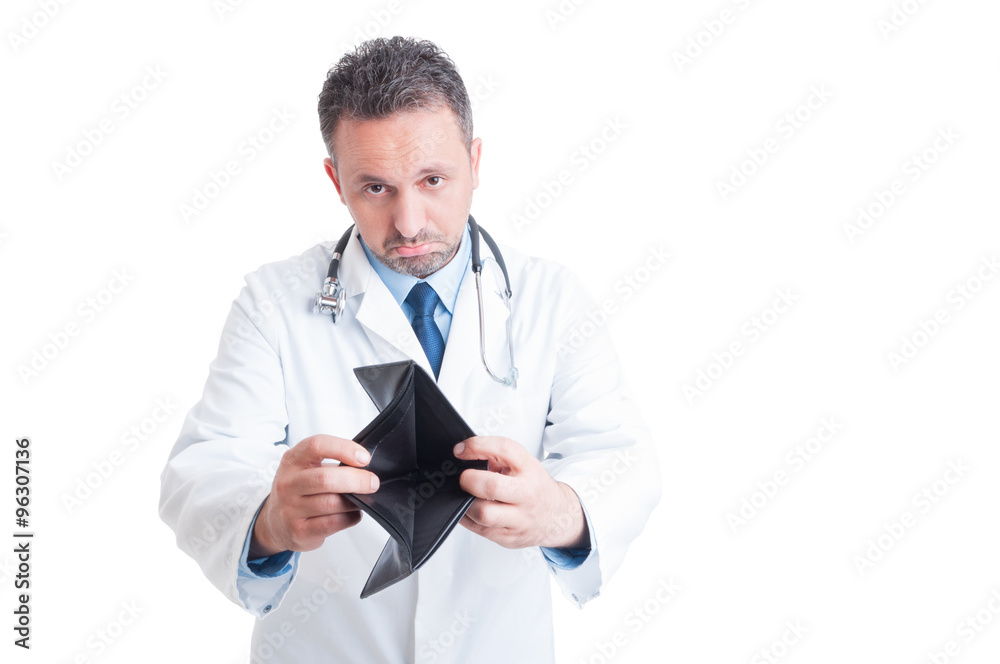 Sad doctor or medic showing empty wallet Sad doctor or medic showing empty wallet