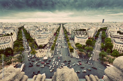 Paris, France busy streets, avenue des Champs-Elysees. Vintage photo
