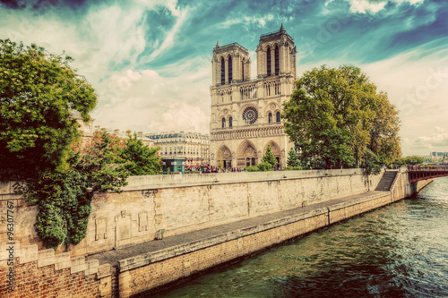 Notre Dame Cathedral in Paris, France and the Seine river. Vintage © Photocreo Bednarek