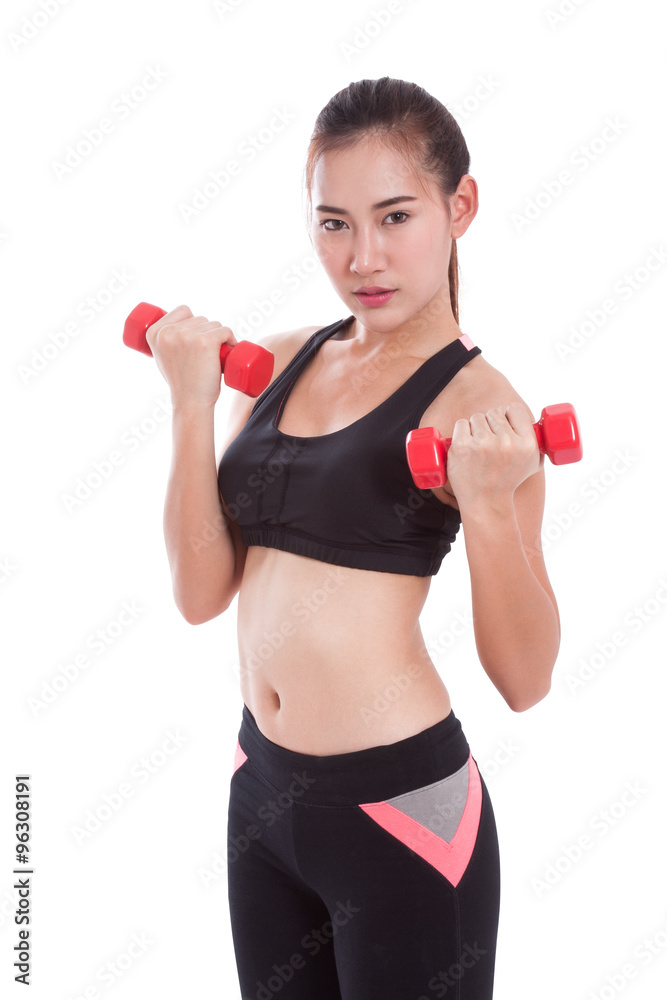 Portrait of young woman doing exercise with lifting weights Portrait of young woman doing exercise with lifting weights