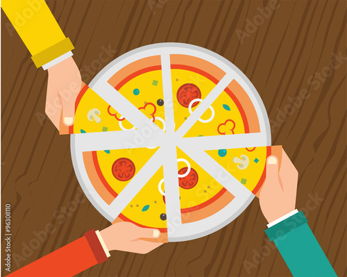 People having dinner together and sharing a huge pizza , hands top view