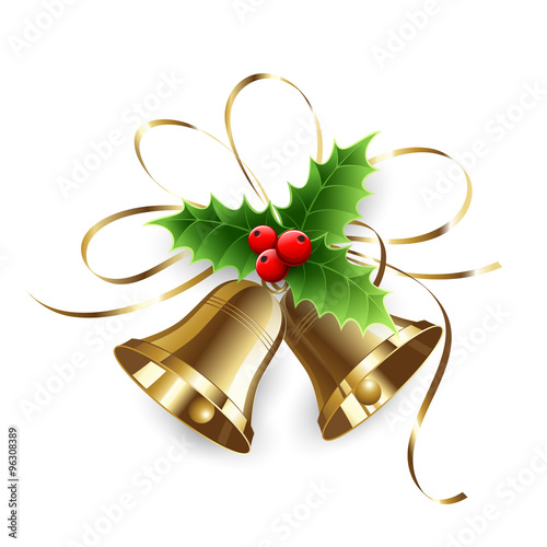 Christmas Holly Berry and gold bells. 
