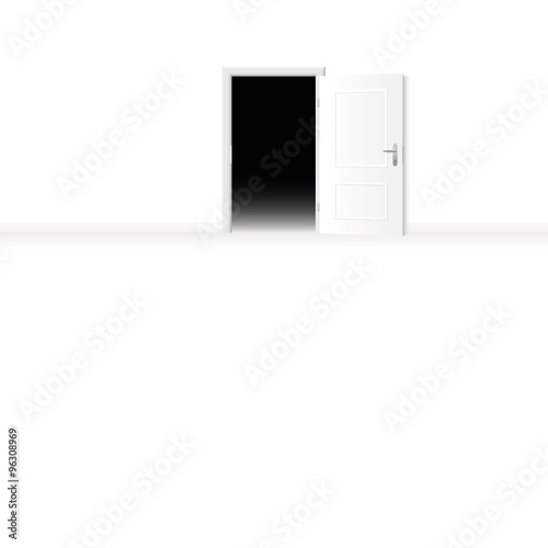 Open door from a bright room to a dark room. Vector illustration.