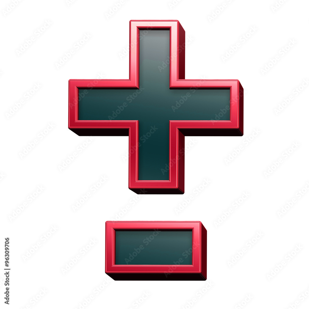 Hyphen, minus, plus marks from black with red shiny frame alphabet set, isolated on white. Computer generated 3D photo rendering.