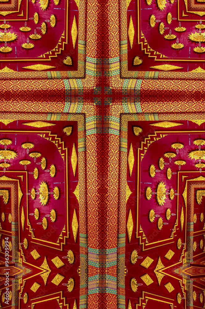 kaleidoscope cross: gold and red ceiling detail, Thai pavilion at Olbrich Botanical Gardens, Madison, Wisconsin