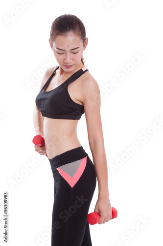 Portrait of young woman doing exercise with lifting weights © japhoto