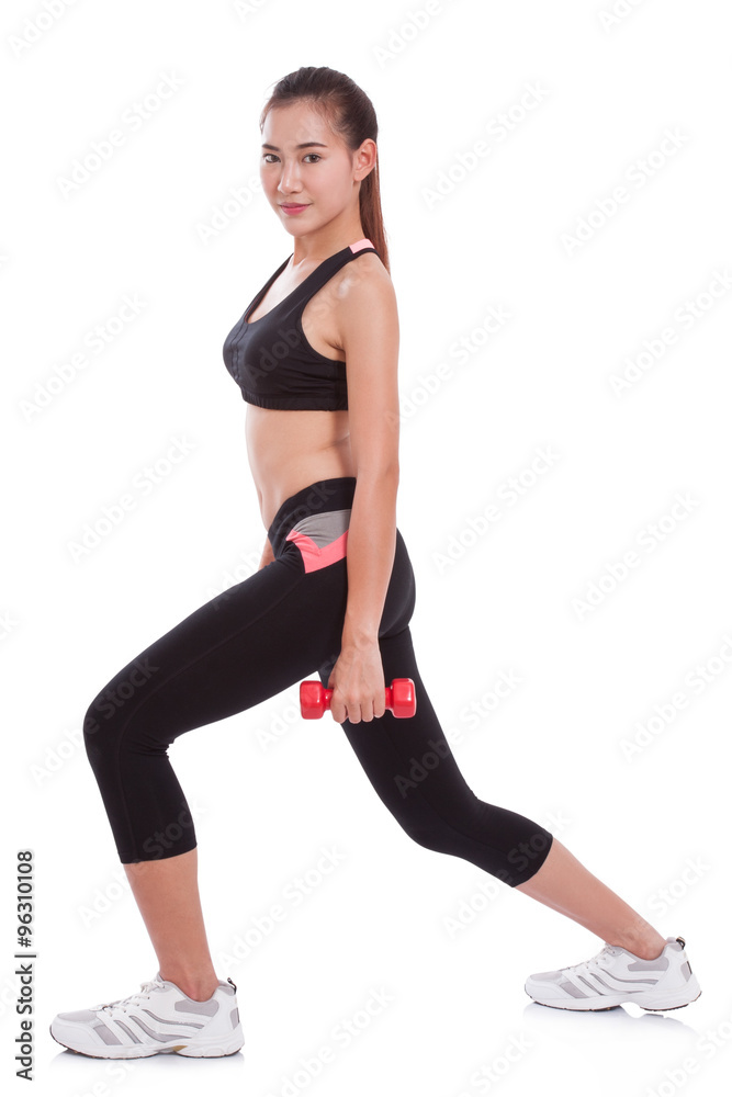 Full length of young woman doing exercise with lifting weights Full length of young woman doing exercise with lifting weights