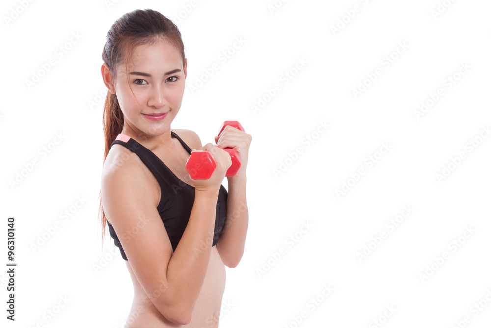 Portrait of young woman doing exercise with lifting weights Portrait of young woman doing exercise with lifting weights