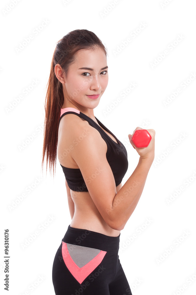 Portrait of young woman doing exercise with lifting weights Portrait of young woman doing exercise with lifting weights