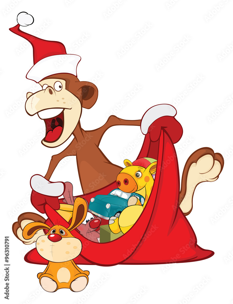 Fototapeta premium Illustration of a Cute Monkey and a Sack Full of Gifts. Year of the Monkey. Cartoon Character.