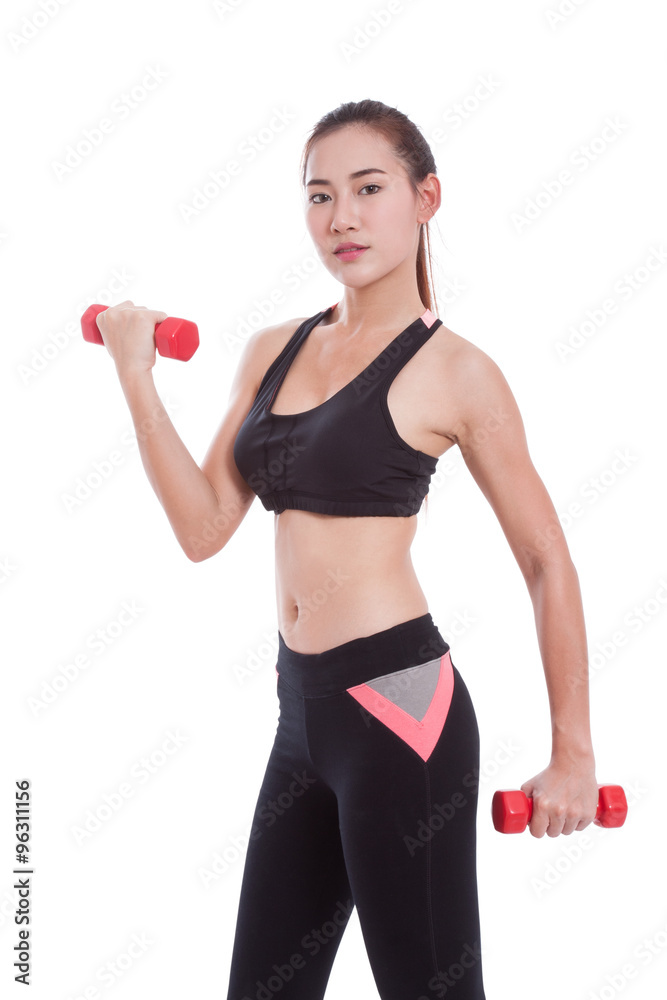 Portrait of young woman doing exercise with lifting weights Portrait of young woman doing exercise with lifting weights