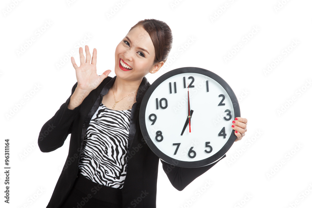 Happy Young Asian business woman with a clock Happy Young Asian business woman with a clock