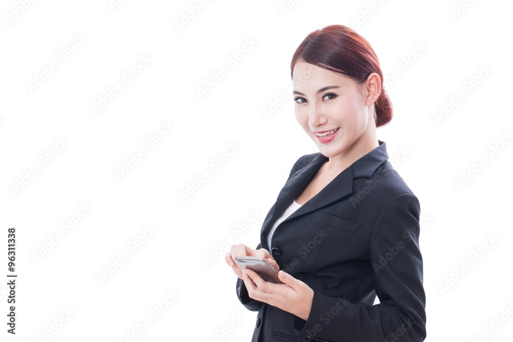 Portrait of young business woman using a mobile phone on white background Portrait of young business woman using a mobile phone on white background