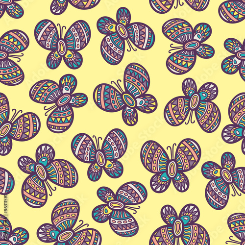 Colorful ornate butterflies on the yellow background. Beautiful seamless butterfly pattern.
