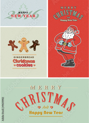 Vintage retro Christmas card set. Old-fashioned Santa Claus, gingerbread and old style lettering.