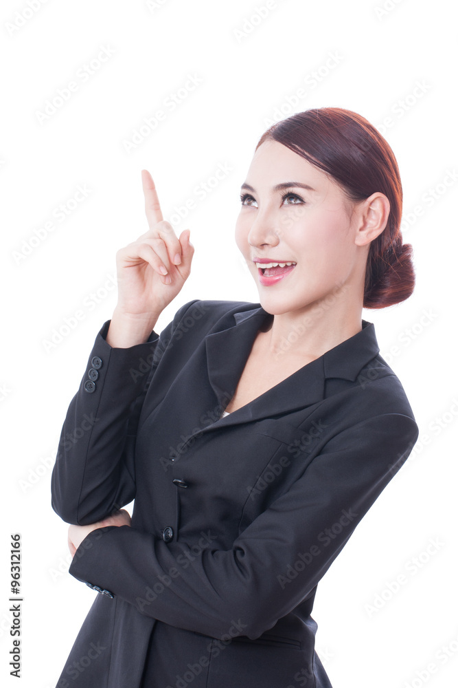 Portrait of young business woman pointing up on white background Portrait of young business woman pointing up on white background