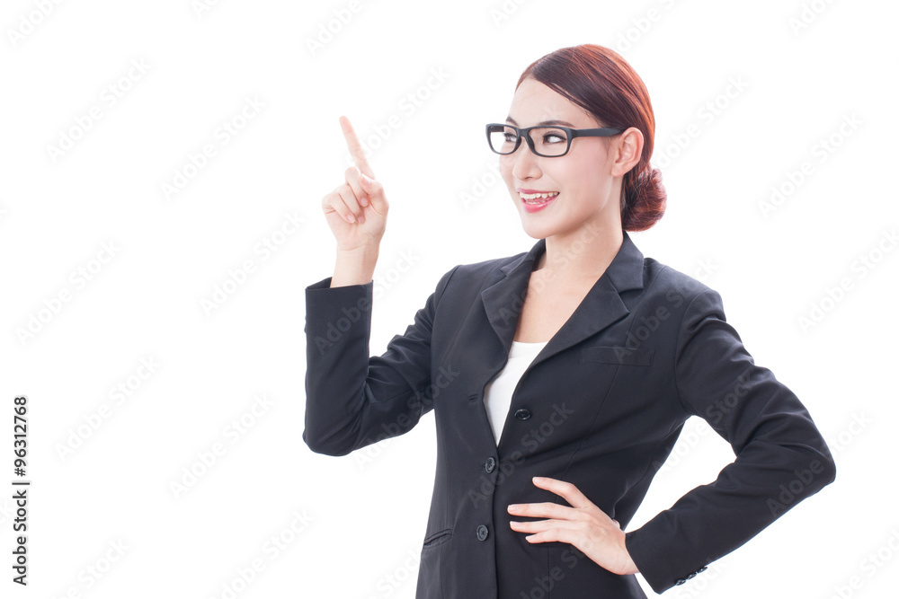 Portrait of young businesswoman wearing glasses pointing up on white background Portrait of young businesswoman wearing glasses pointing up on white background