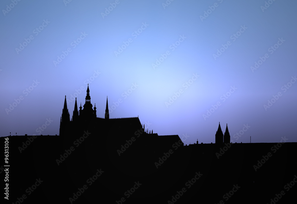 Illustration of panorama of Prague with dark blue sky in the night