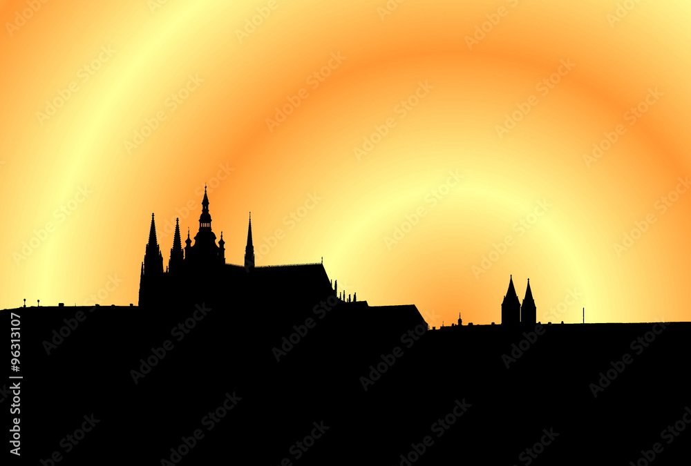 Illustration of panorama of Prague at the sunset with yellow and orange sky