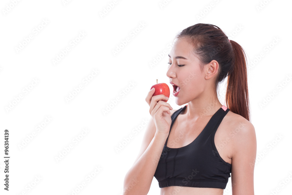 Fitness young woman eating apple. healthy concept Fitness young woman eating apple. healthy concept
