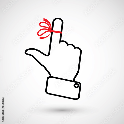 Hand with red ribbon on your finger, concepts. Reminder icon.