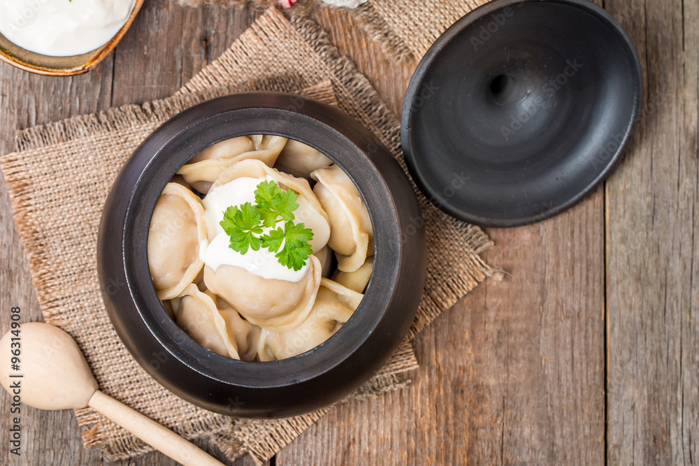 Meat Dumplings - russian pelmeni with sour cream Meat Dumplings - russian pelmeni with sour cream