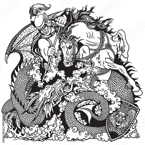 knight fighting a dragon black and white