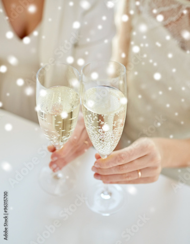 close up of lesbian couple with champagne glasses