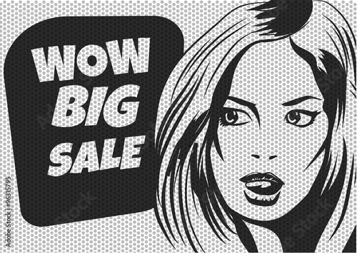 Pop Art Woman SALE poster.  Bklack and white vector illustration photo