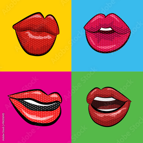 Sexy red lips with teeth pop art set backgrounds. Vector illustration
