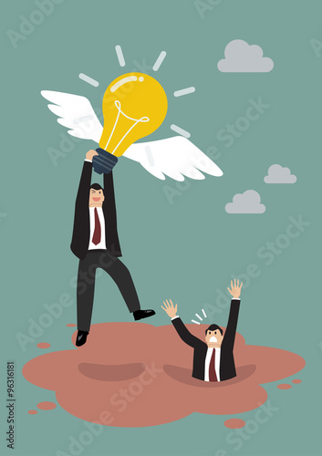 Businessman hold flying lightbulb get away from quicksand