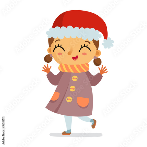 Happy vector girl in Santa's hat isolated on white