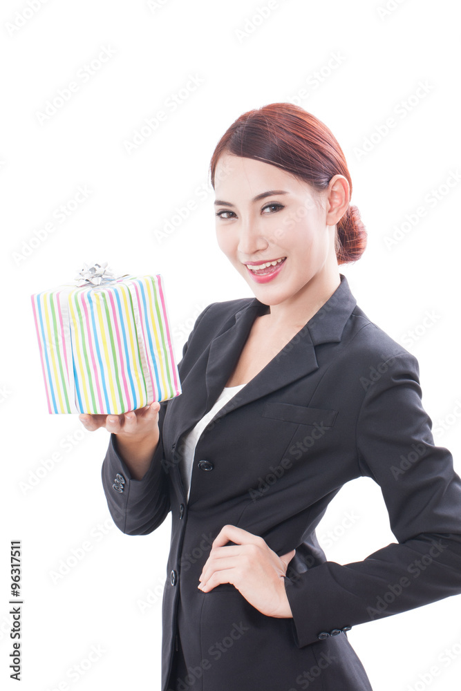 Portrait of young business woman with gift box on a white background Portrait of young business woman with gift box on a white background