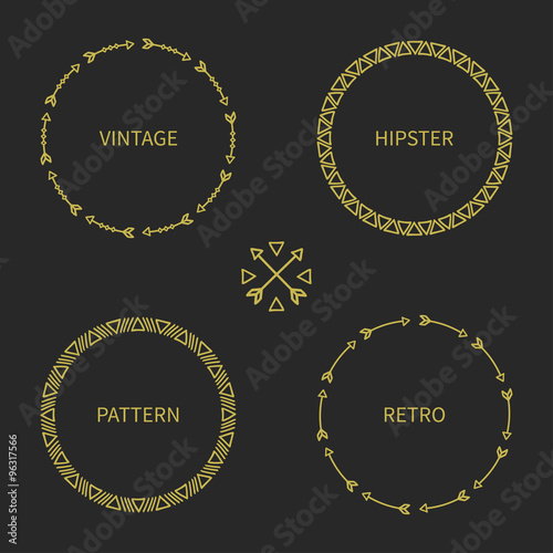 Set of gold hand drawn ethnic arrows frame. Doodles style. Tribal native aztec vector illustration. Isolated elements, border for text. Ink collection of symbols. Cards, invitations. Labels, badges