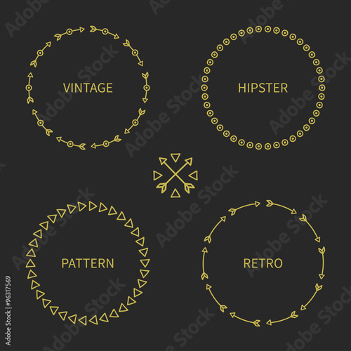 Set of gold hand drawn ethnic arrows frame. Doodles style. Tribal native aztec vector illustration. Isolated elements, border for text. Ink collection of symbols. Cards, invitations. Labels, badges