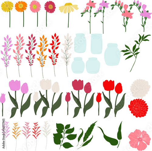 Set of freesia, dahlias, tulips, herbera, lily, leaves and jars on a transparent background