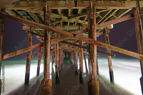 Beach pier at night in Newport Beach, California