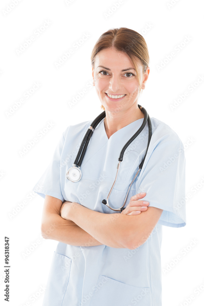 Happy Female Doctor Standing Arms Crossed