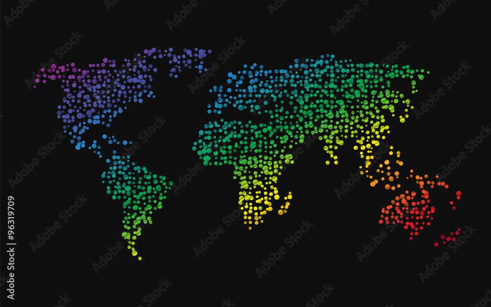 world map made ​​up of small dots rainbow colors