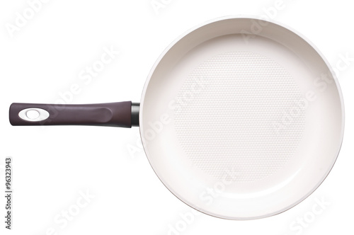 Photo of ceramic frying pan isolated on white background. Studio shot photo