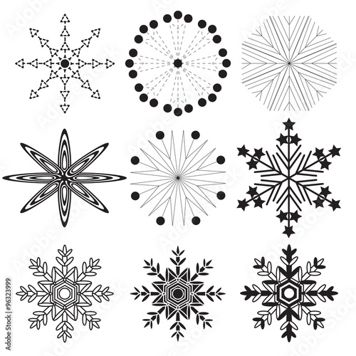 set of 9 black snowflakes