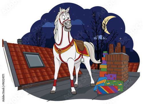 Amerigo, het paard van Sinterklaas op een dak met cadeaus.